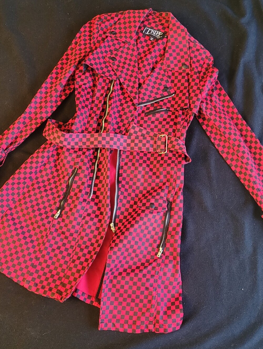 Vintage Y2K 00s Tripp NYC Red And Black Checkered Trenchcoat